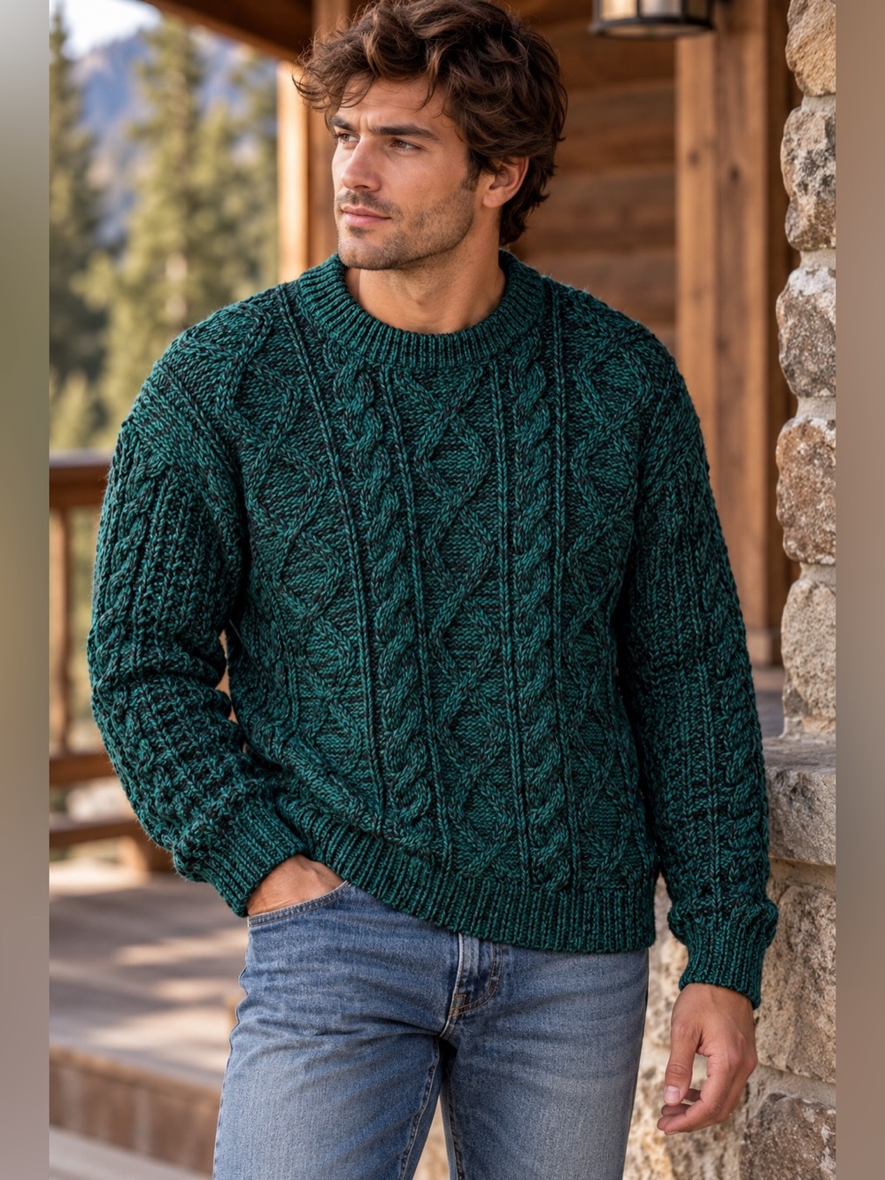 Flatiron Vintage 90s Chunky Cable Knit Green Black Cabincore Crewneck Sweater